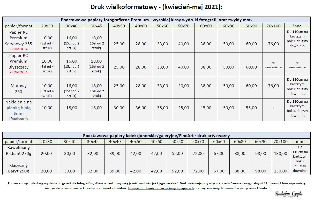 Cennik druku wielkoformatowego fotografii na Śląsku w Knurowie. Druk wystaw i druk galeryjny. Kwiecień i maj 2021 Druk fotografi, druk dużych fotografii. druk wielkoformatowy fotografii, druk galeryjny i muzealny, druk wysokiej jakości fotografii, druk wystaw fotograficznych, druk fotografii na Śląsku w Knurowie, druk Knurów, styczeń 2021, marzec 2021, kwiecień 2021, Canon Lucia, fotoobrazy